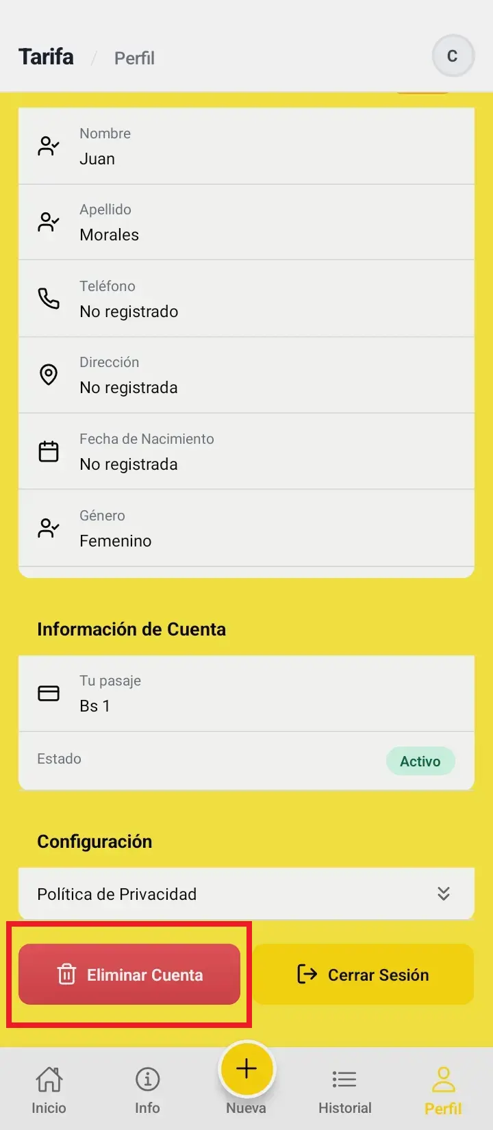 Pantalla de eliminación de cuenta