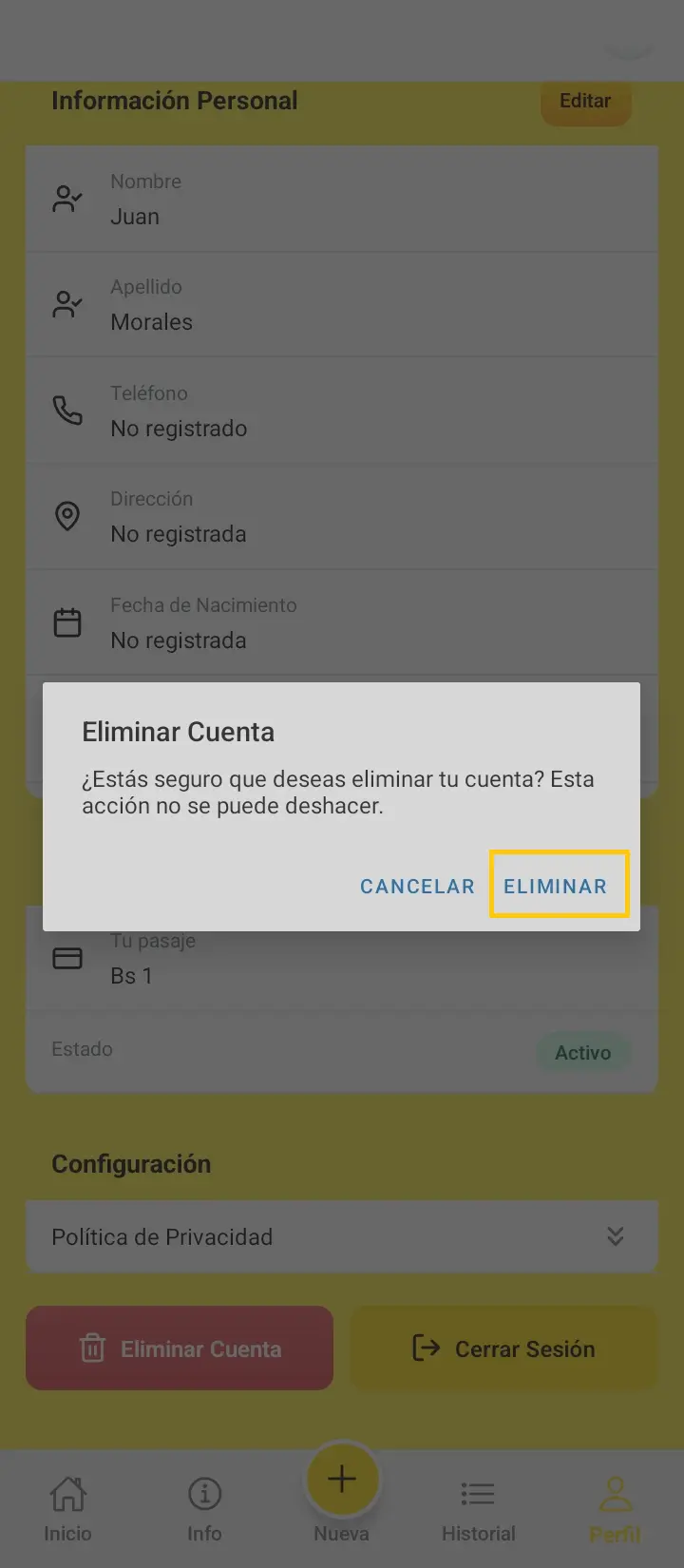 Pantalla de confirmación de eliminación