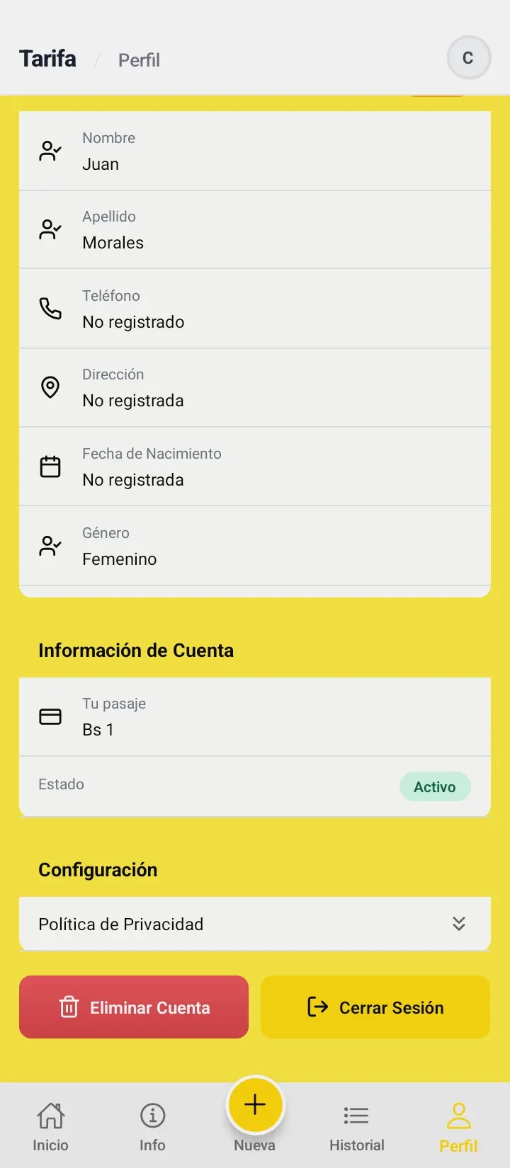 Pantalla de eliminación de cuenta