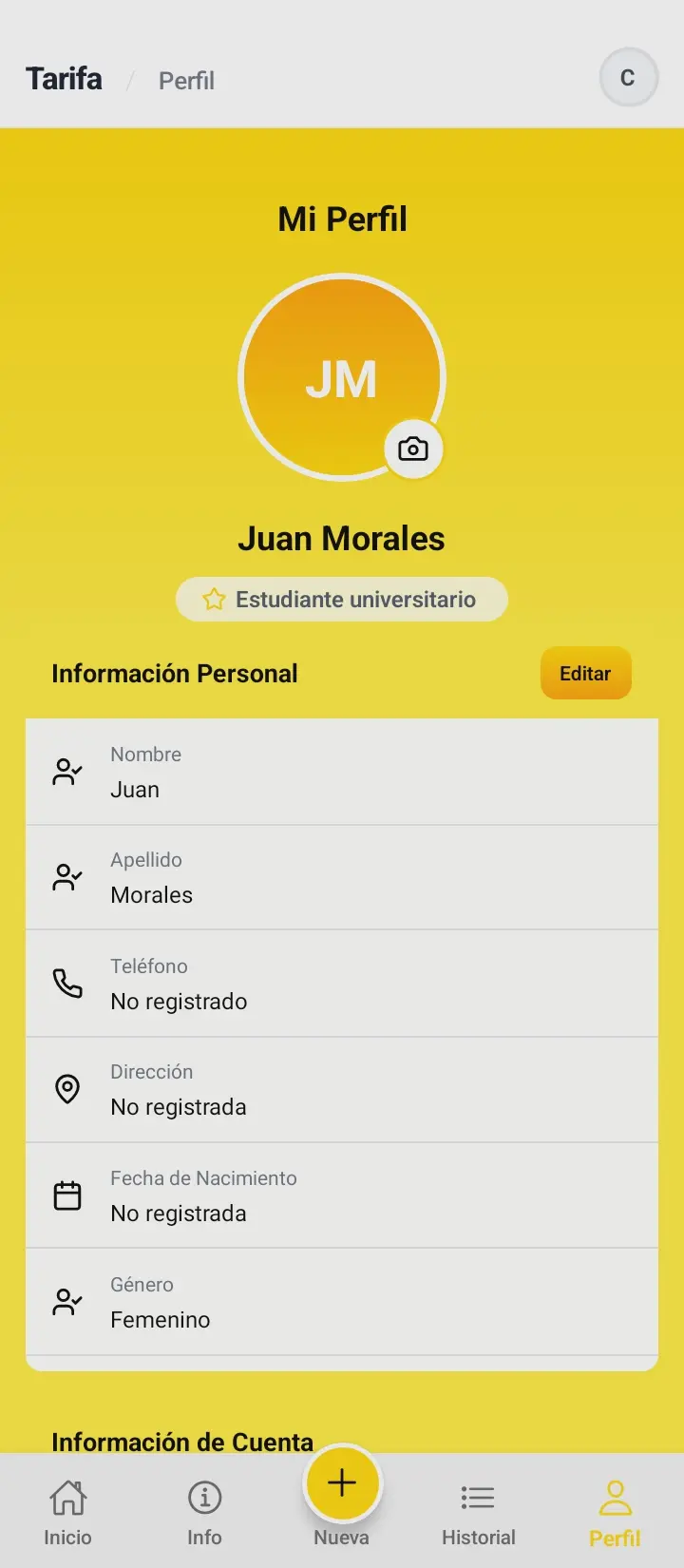 Pantalla de acceso al perfil en la app